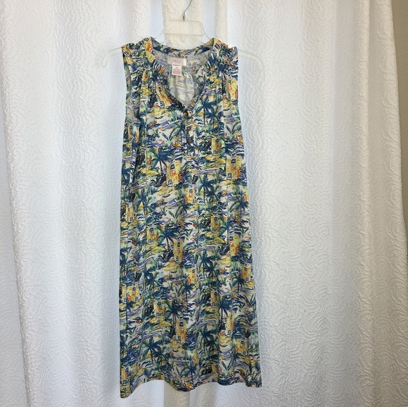 STELLA PARKER Shift Dress Collarless V-neck Tropical Print Size Medium - Picture 1 of 7